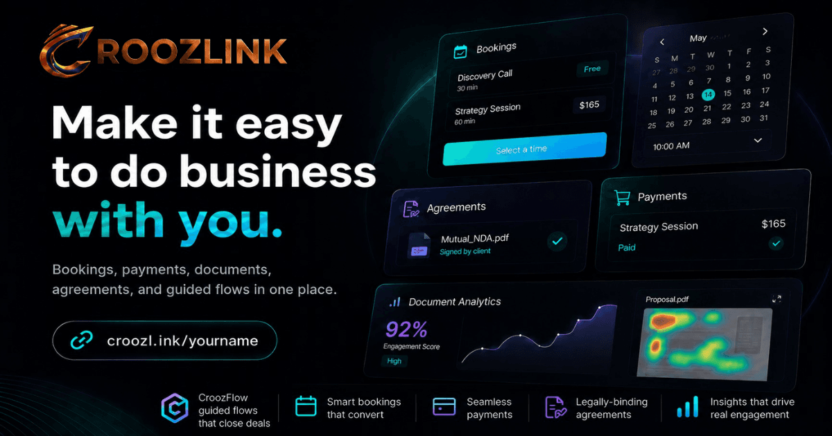 CroozLink product experiences for bookings, payments, documents, agreements, and guided flows